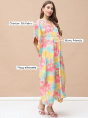 Printed Multi Chanderi Silk Maternity Kaftan Dress Calf Length