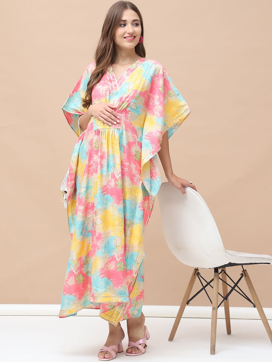Printed Multi Chanderi Silk Maternity Kaftan Dress Calf Length