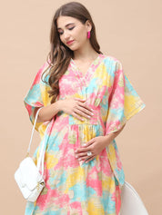 Printed Multi Chanderi Silk Maternity Kaftan Dress Calf Length