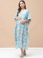 Floral Print Sky Blue Cotton Lurex Maternity Kaftan Dress Calf Length