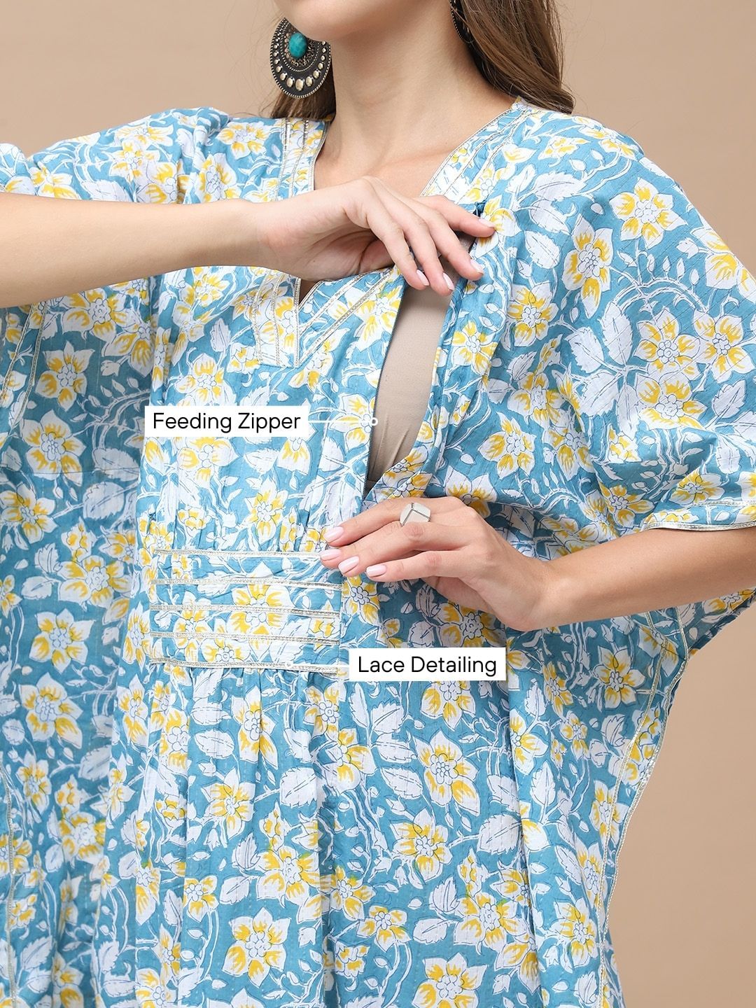 Floral Print Sky Blue Cotton Lurex Maternity Kaftan Dress Calf Length