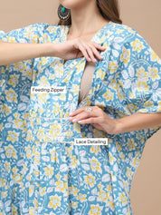 Floral Print Sky Blue Cotton Lurex Maternity Kaftan Dress Calf Length