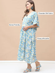 Floral Print Sky Blue Cotton Lurex Maternity Kaftan Dress Calf Length