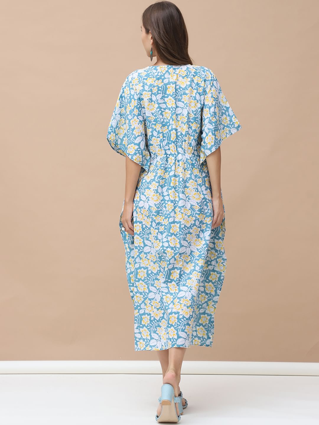 Floral Print Sky Blue Cotton Lurex Maternity Kaftan Dress Calf Length