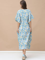 Floral Print Sky Blue Cotton Lurex Maternity Kaftan Dress Calf Length