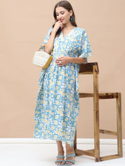 Floral Print Sky Blue Cotton Lurex Maternity Kaftan Dress Calf Length