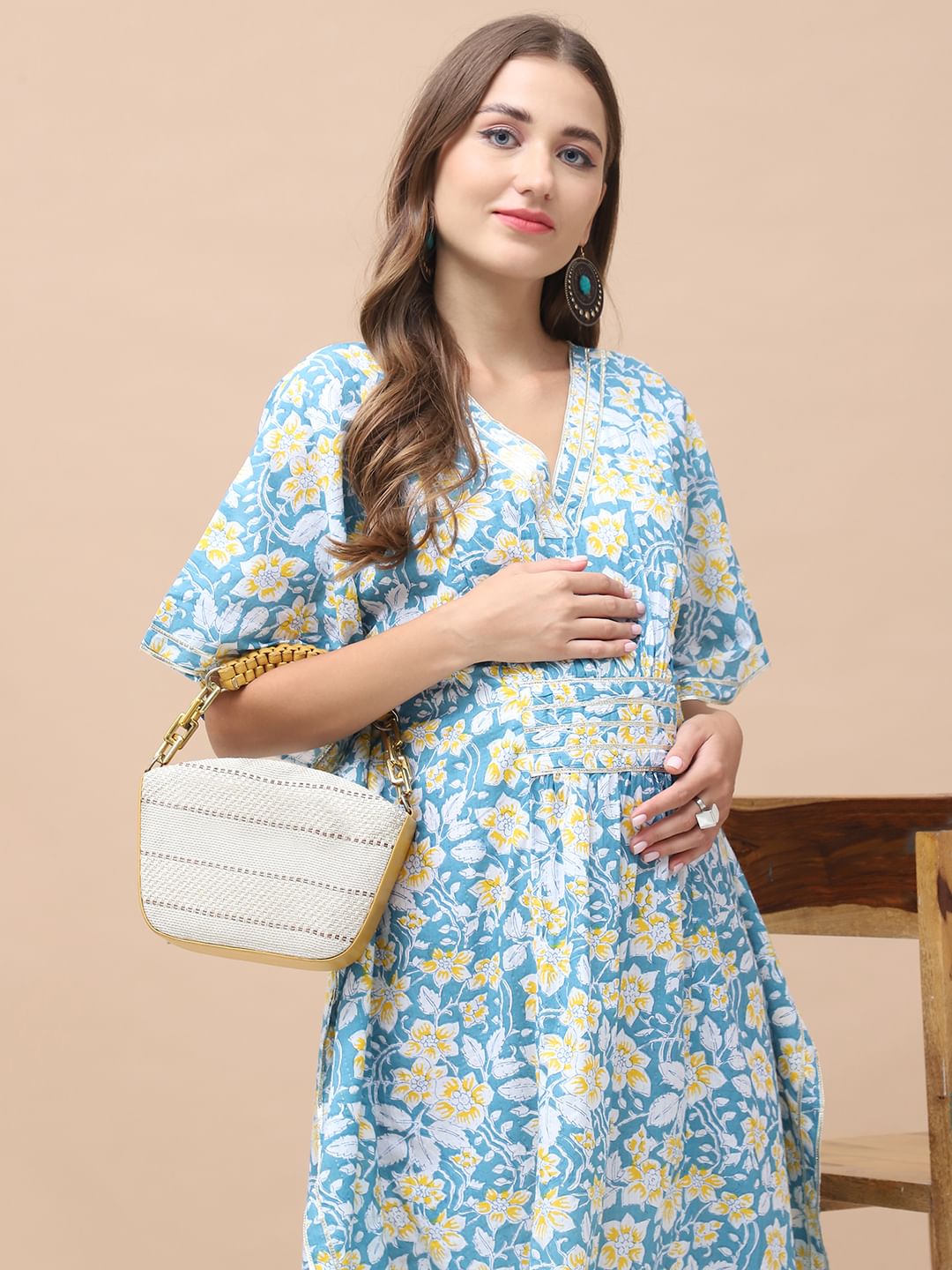 Floral Print Sky Blue Cotton Lurex Maternity Kaftan Dress Calf Length