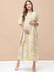 Floral Print Light Green Cotton Lurex Maternity Kaftan Dress Calf Length