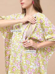 Floral Print Light Green Cotton Lurex Maternity Kaftan Dress Calf Length