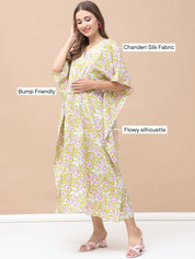 Floral Print Light Green Cotton Lurex Maternity Kaftan Dress Calf Length
