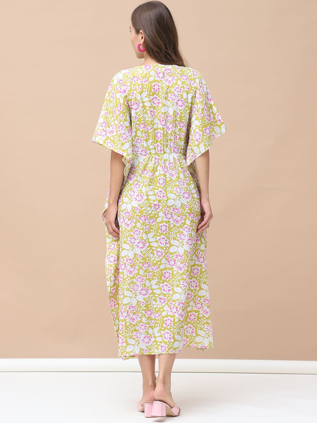Floral Print Light Green Cotton Lurex Maternity Kaftan Dress Calf Length