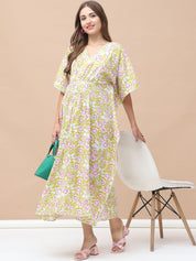 Floral Print Light Green Cotton Lurex Maternity Kaftan Dress Calf Length