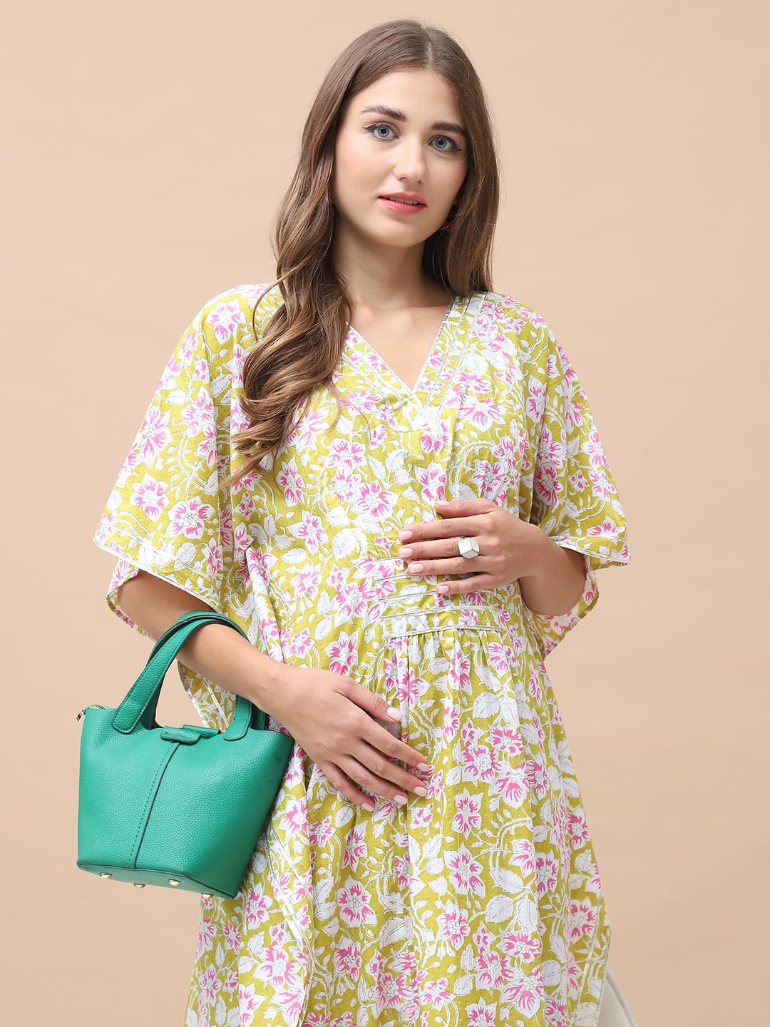 Floral Print Light Green Cotton Lurex Maternity Kaftan Dress Calf Length