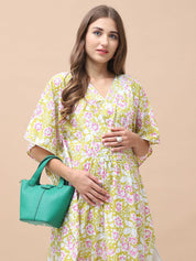 Floral Print Light Green Cotton Lurex Maternity Kaftan Dress Calf Length