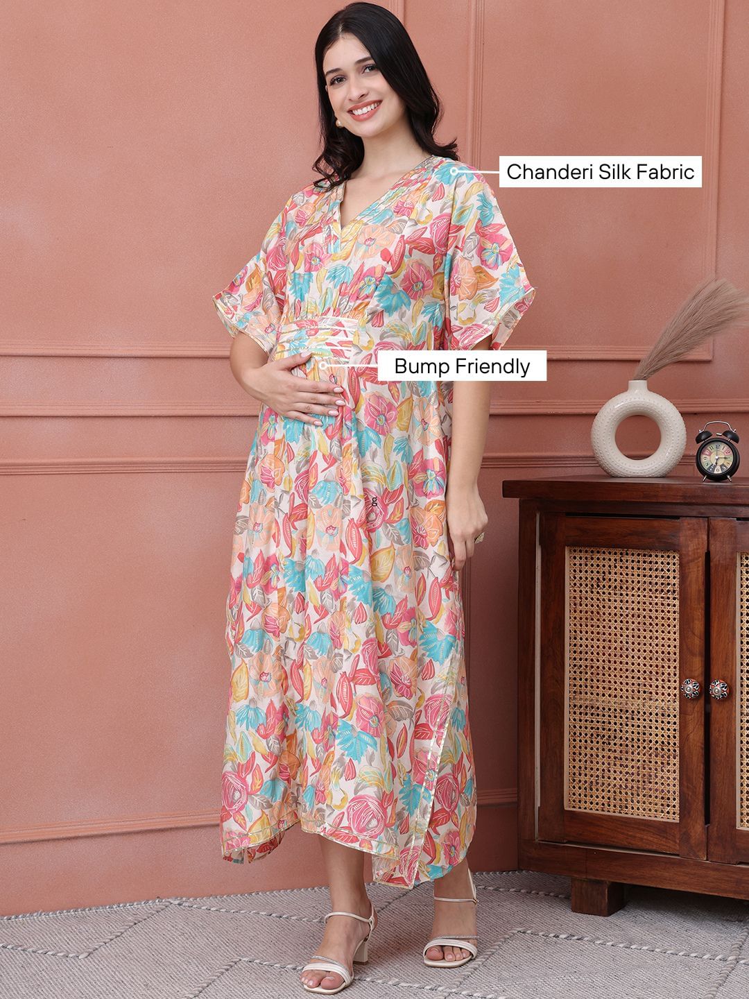 Multi Floral Chanderi Silk Maternity Kaftan Dress