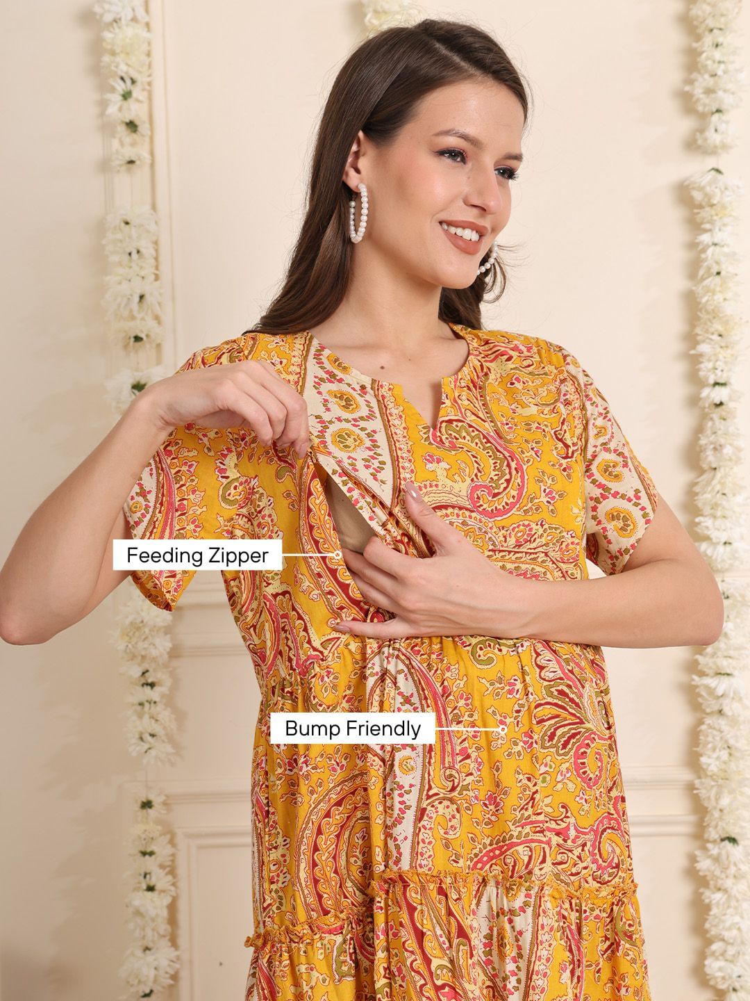 Yellow Floral Cotton Maternity Dress