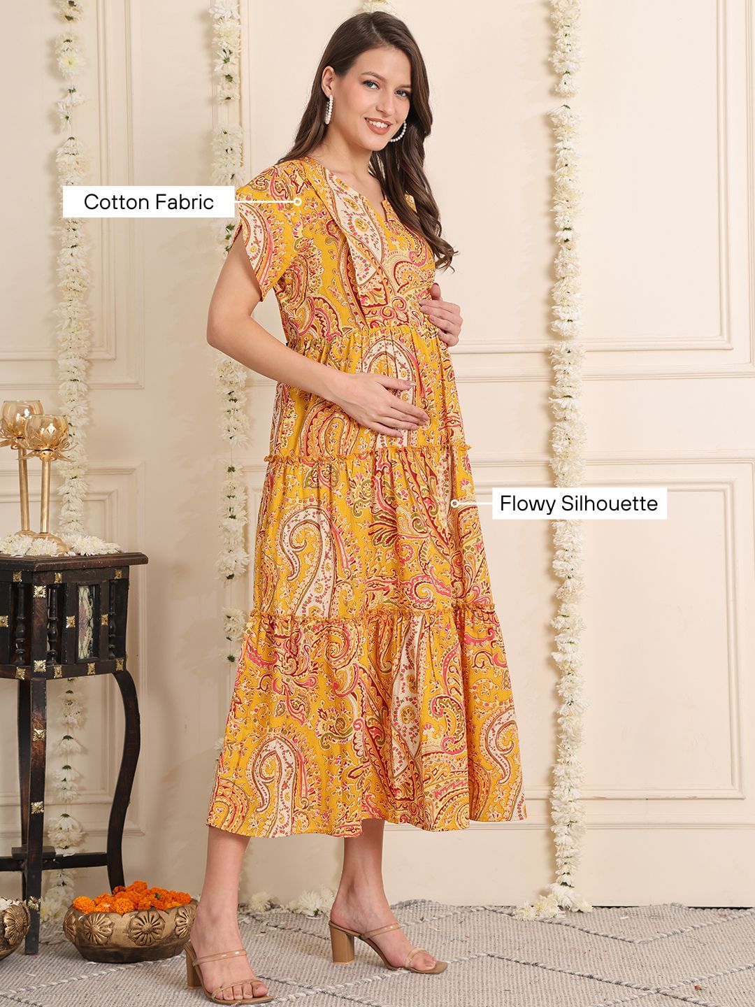 Yellow Floral Cotton Maternity Dress