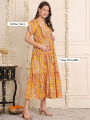Yellow Floral Cotton Maternity Dress
