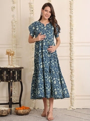 Blue Floral Cotton Maternity Dress