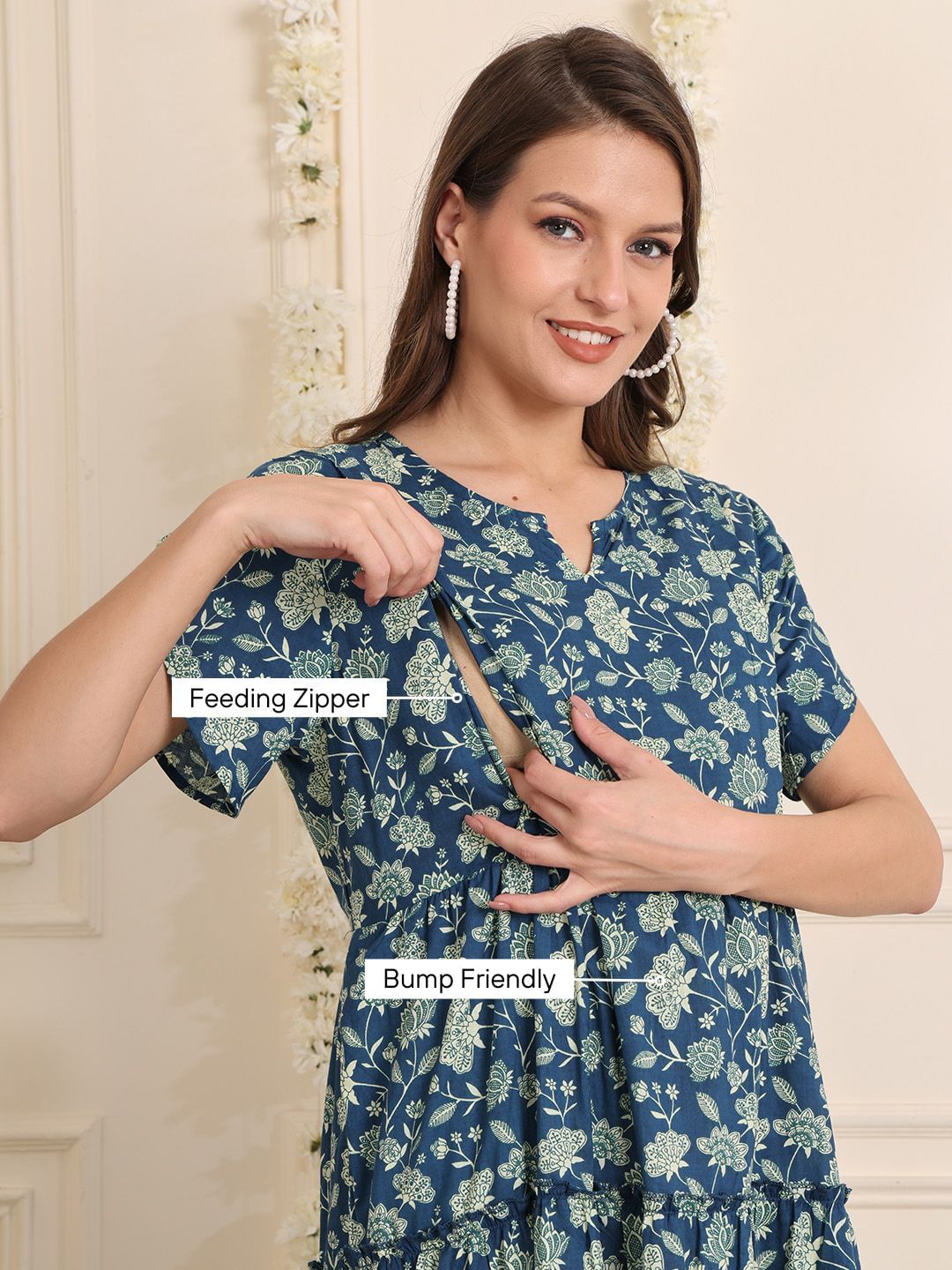 Blue Floral Cotton Maternity Dress