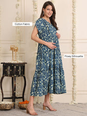 Blue Floral Cotton Maternity Dress