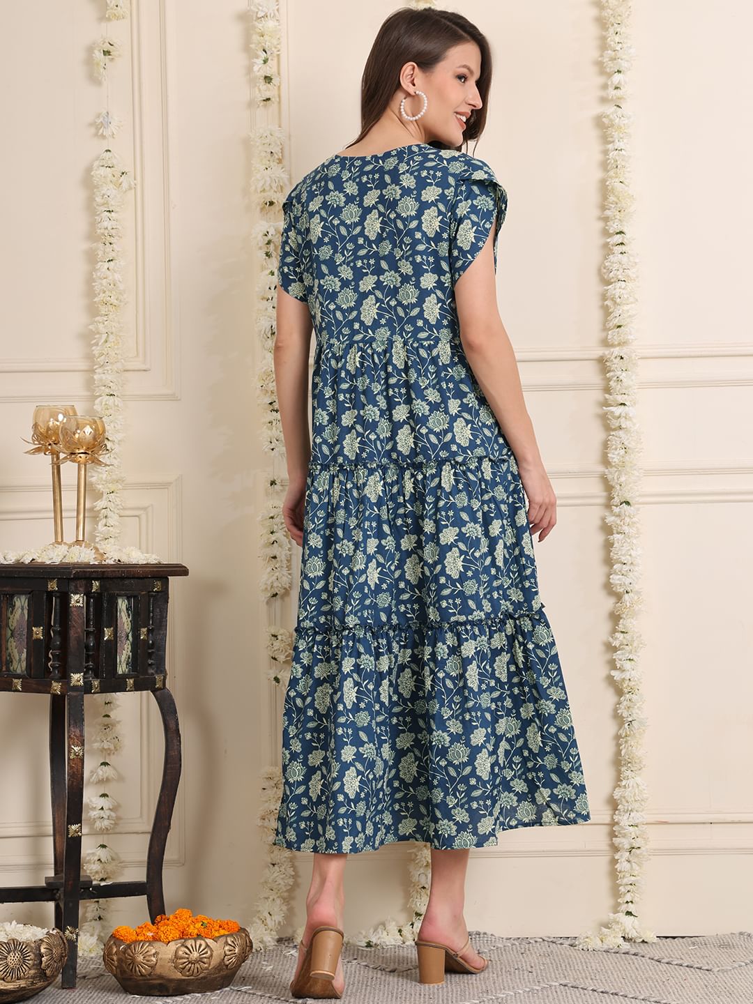 Blue Floral Cotton Maternity Dress