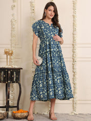 Blue Floral Cotton Maternity Dress