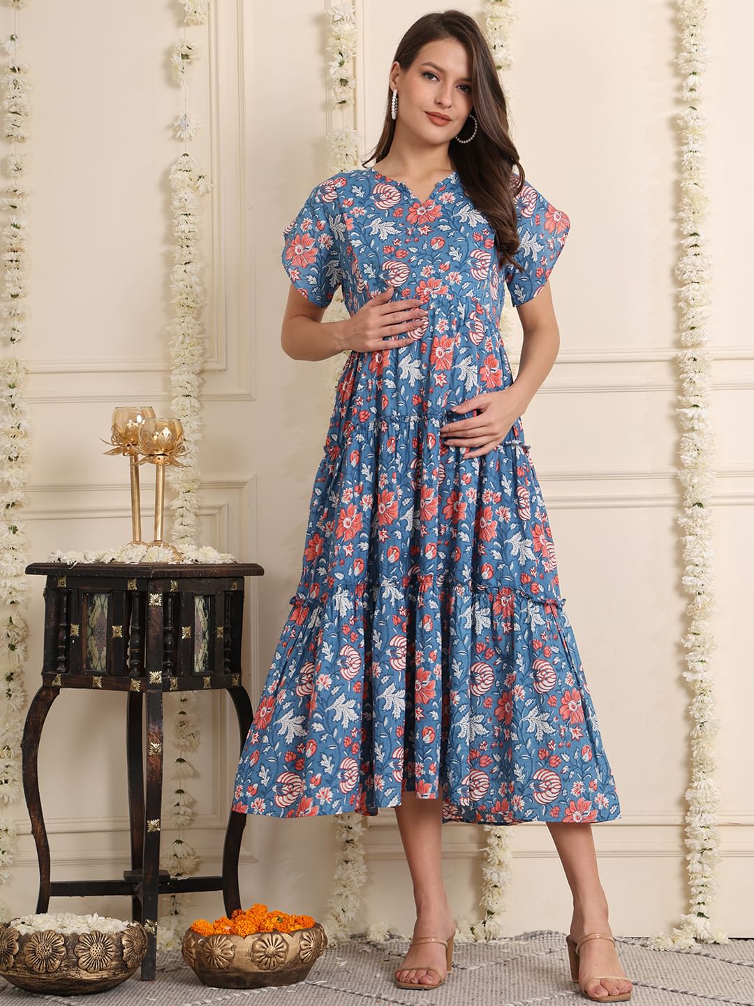 Light Blue Floral Cotton Maternity Dress