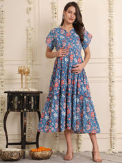 Light Blue Floral Cotton Maternity Dress