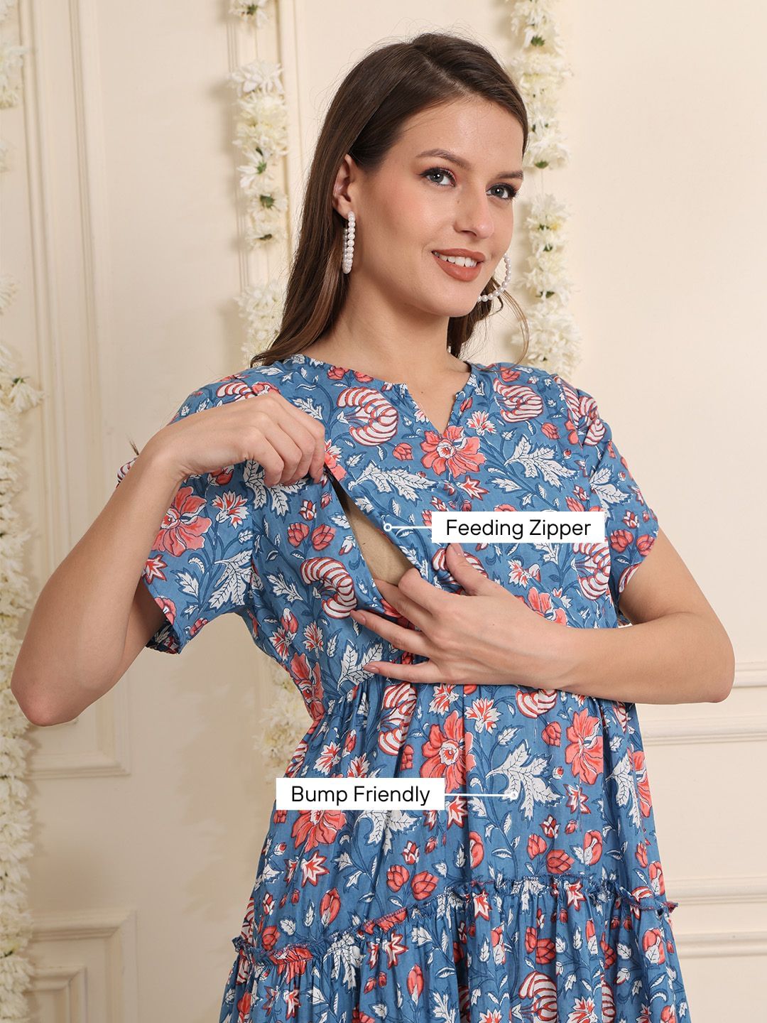 Light Blue Floral Cotton Maternity Dress