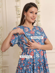 Light Blue Floral Cotton Maternity Dress