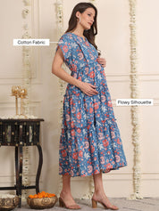 Light Blue Floral Cotton Maternity Dress
