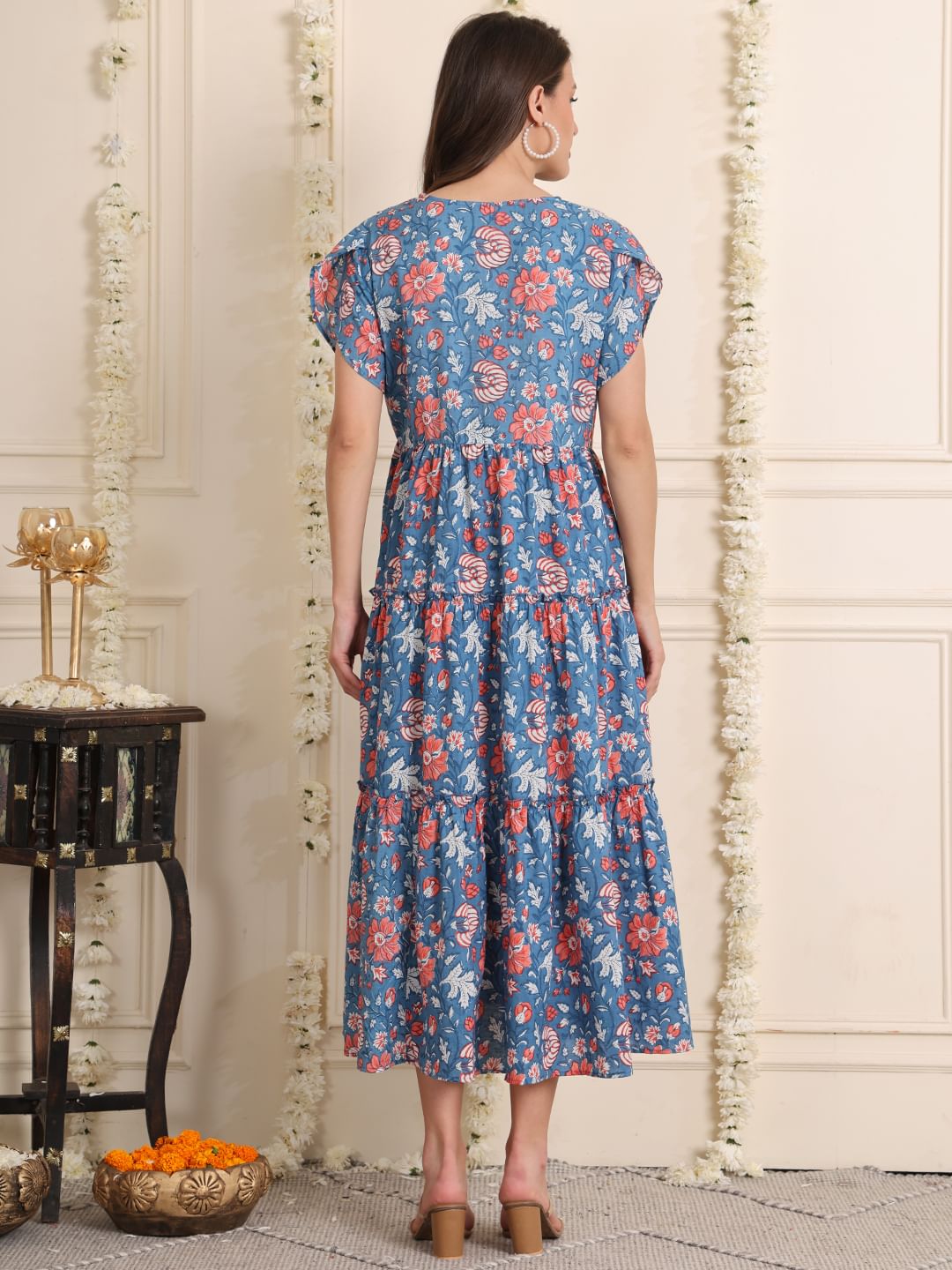 Light Blue Floral Cotton Maternity Dress