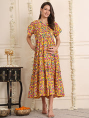 Yellow Floral Cotton Maternity Dress