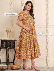 Yellow Floral Cotton Maternity Dress