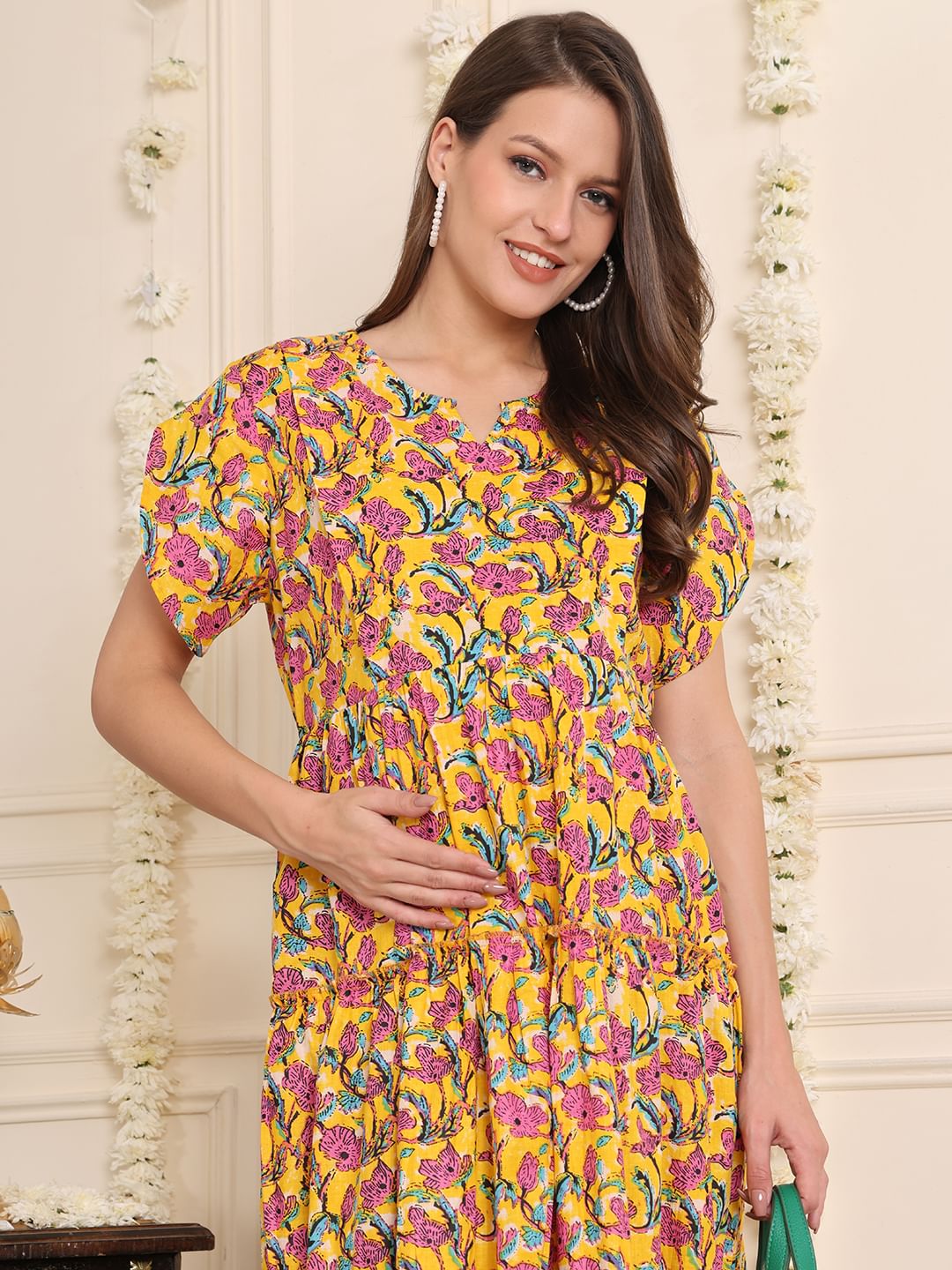 Yellow Floral Cotton Maternity Dress