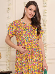 Yellow Floral Cotton Maternity Dress