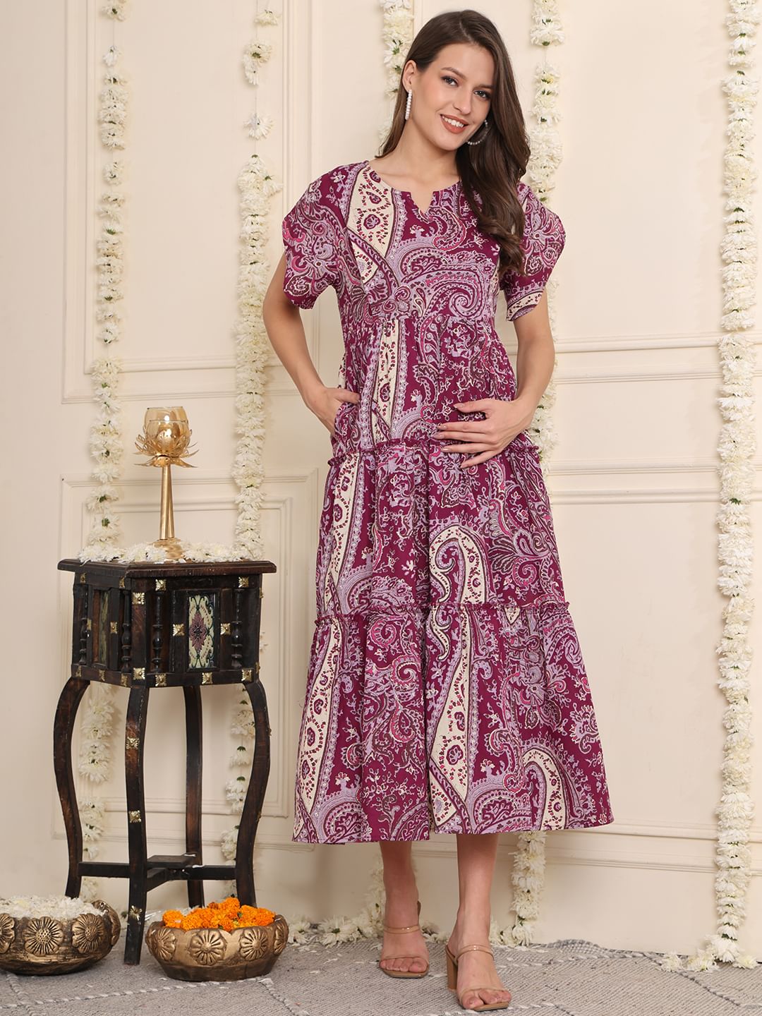 Purple Floral Cotton Maternity Dress