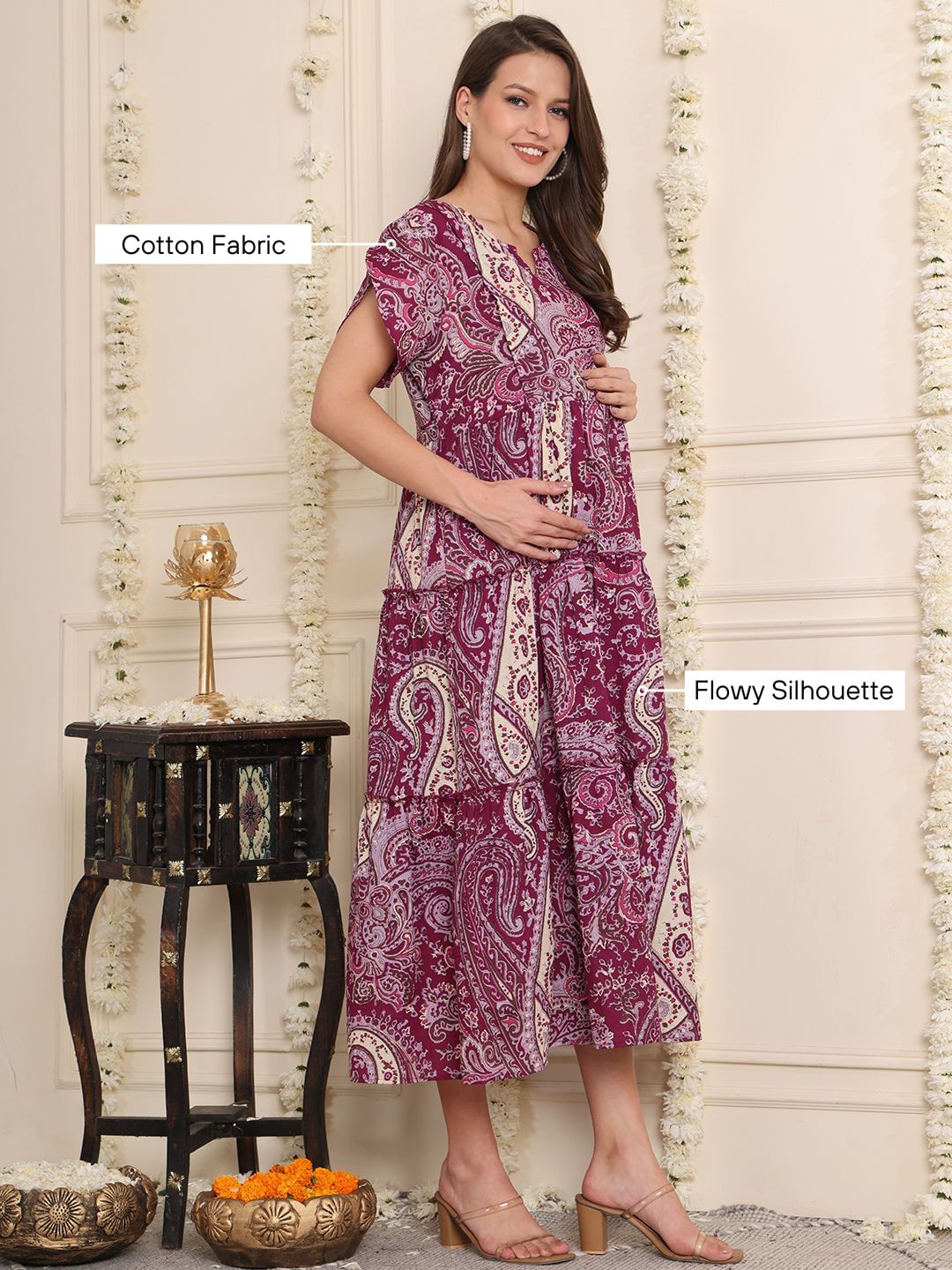 Purple Floral Cotton Maternity Dress