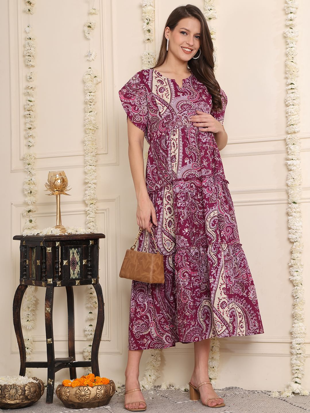 Purple Floral Cotton Maternity Dress