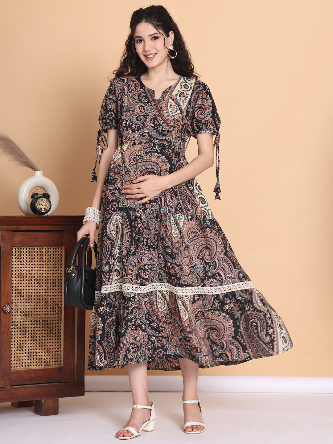 Black Floral Cotton Maternity Dress