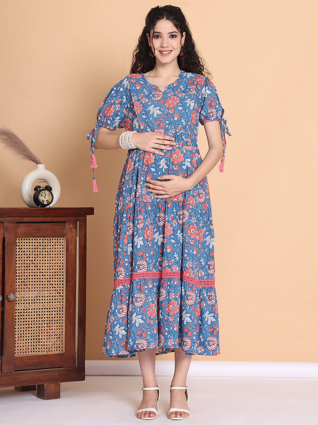 Blue Floral Cotton Maternity Dress