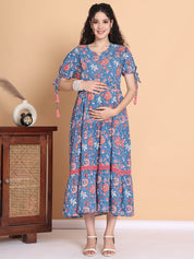 Blue Floral Cotton Maternity Dress