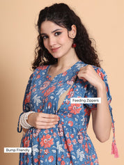 Blue Floral Cotton Maternity Dress