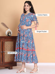 Blue Floral Cotton Maternity Dress