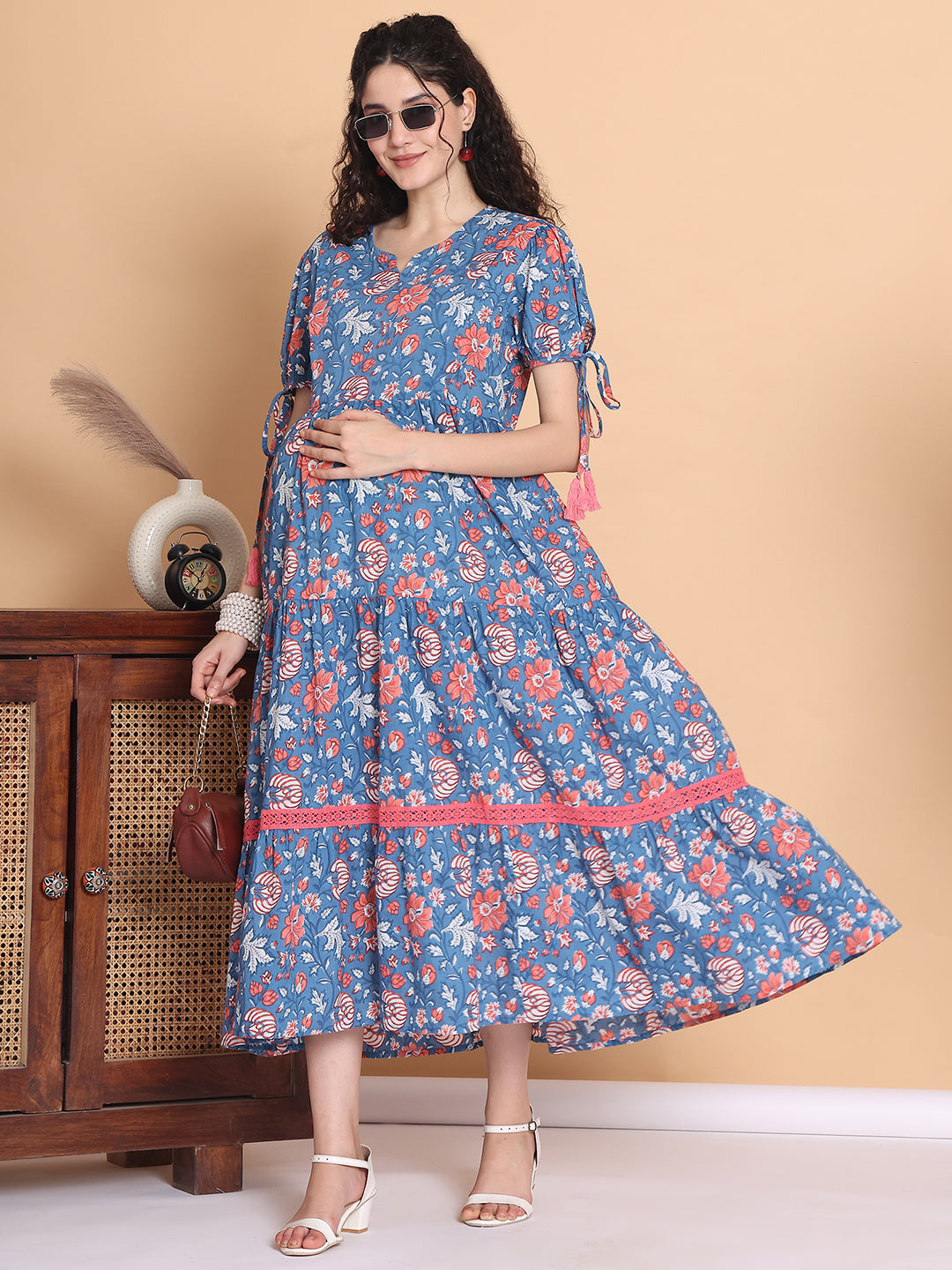 Blue Floral Cotton Maternity Dress