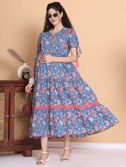 Blue Floral Cotton Maternity Dress