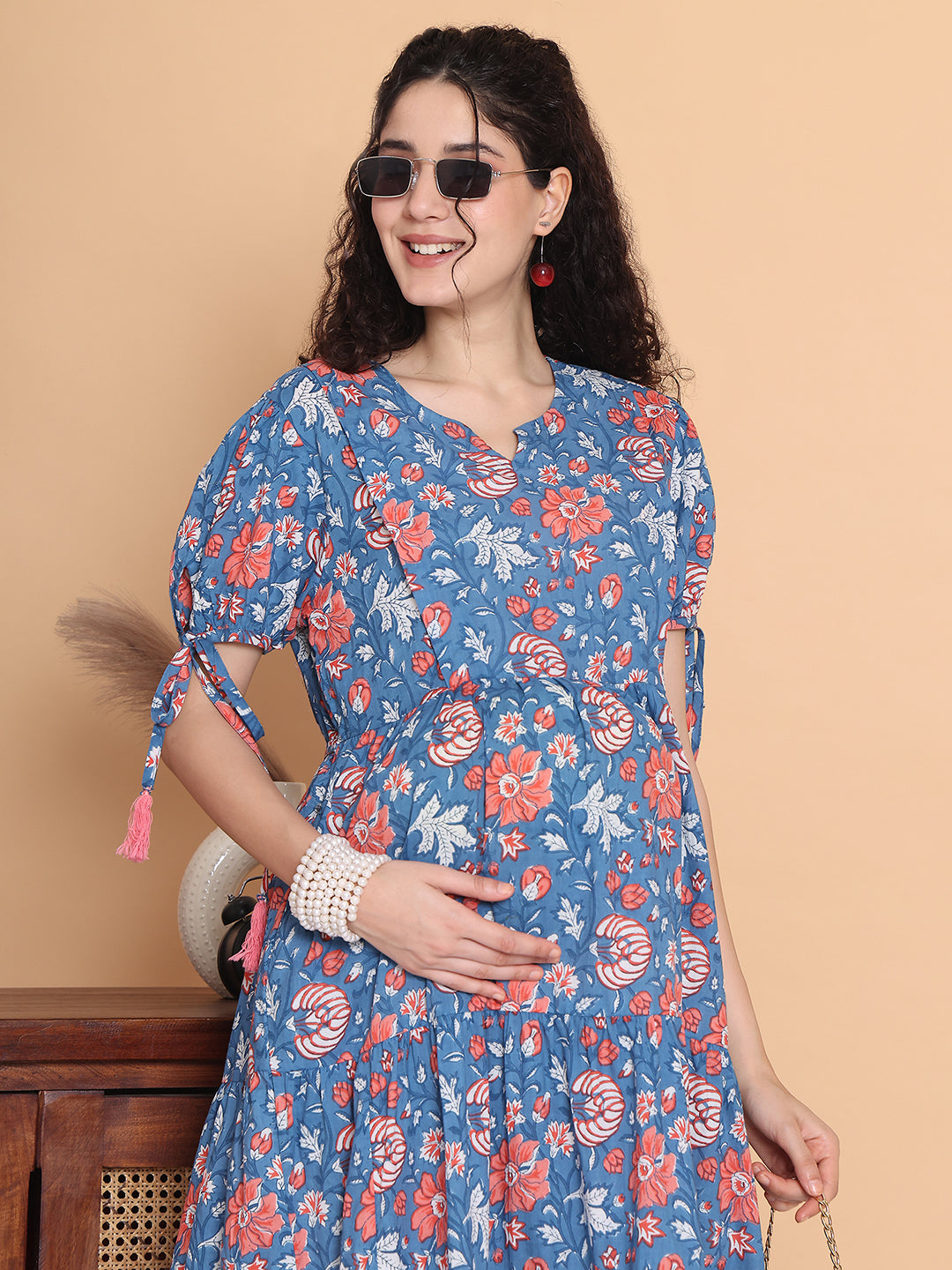 Blue Floral Cotton Maternity Dress