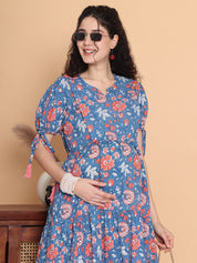 Blue Floral Cotton Maternity Dress