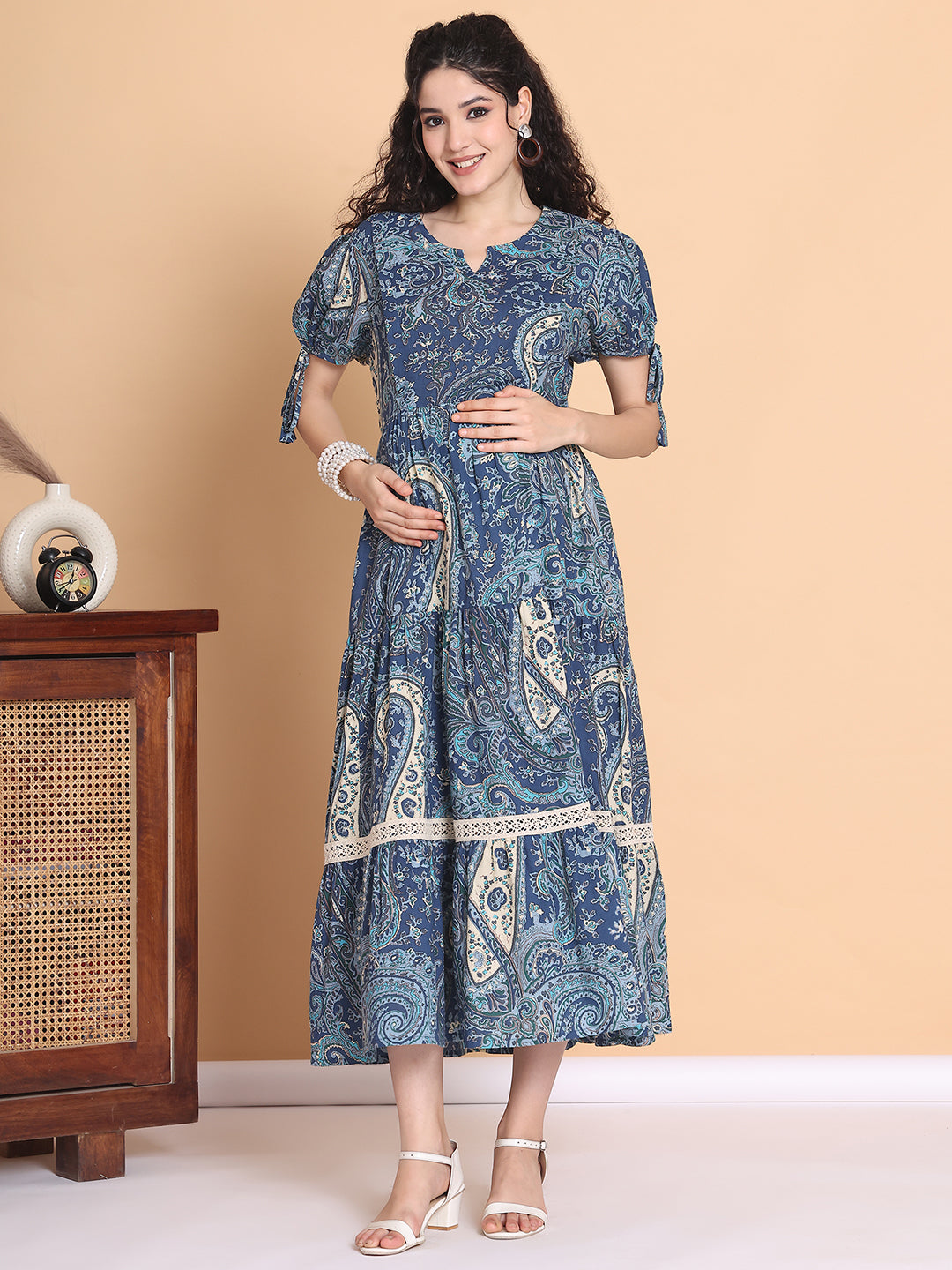 Blue Printed Cotton Maternity Dress